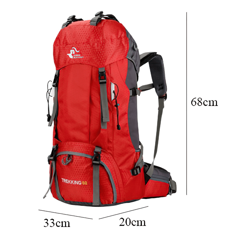 Large red travel backpack with 60L capacity, rain cover, and ergonomic design for men and women, dimensions: 68x33x20 cm.